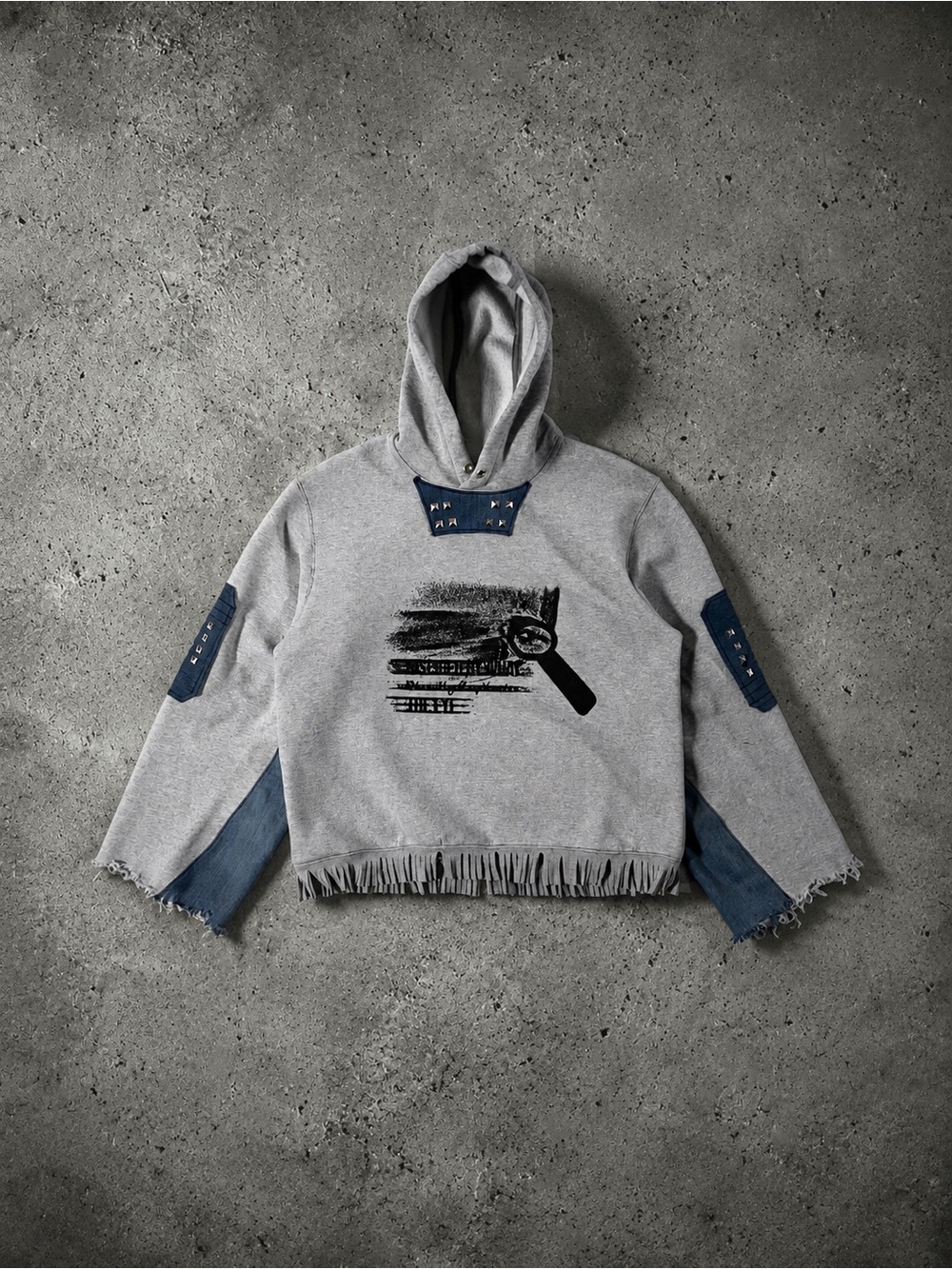 Handmade ABO Grey Fringe Graphic Pullover Hoodie